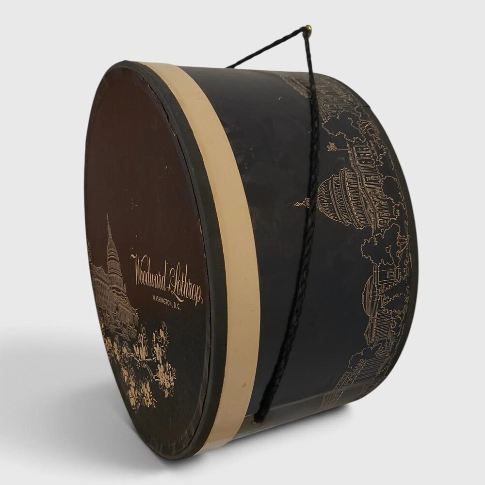 Vintage Woodward & Lothrop Round Hat Box Navy Gold US Capitol Cherry Blossoms